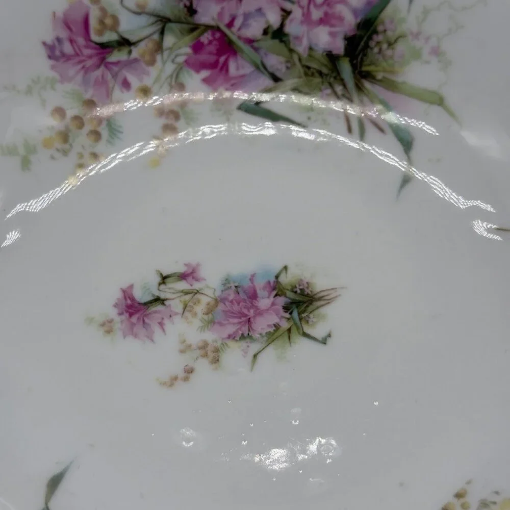 Antique Hand Painted Porcelain 10” Serving Bowl Pink Green Gilt Floral